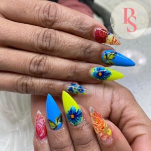 neon colorful gel polish with butterflies and floral nail art acrylic manicure