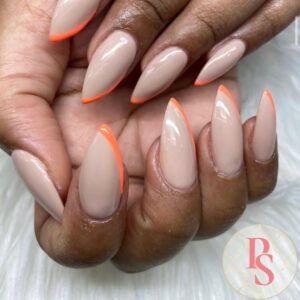 nude gel polish acrylic nails with orange line tips nail art manicure